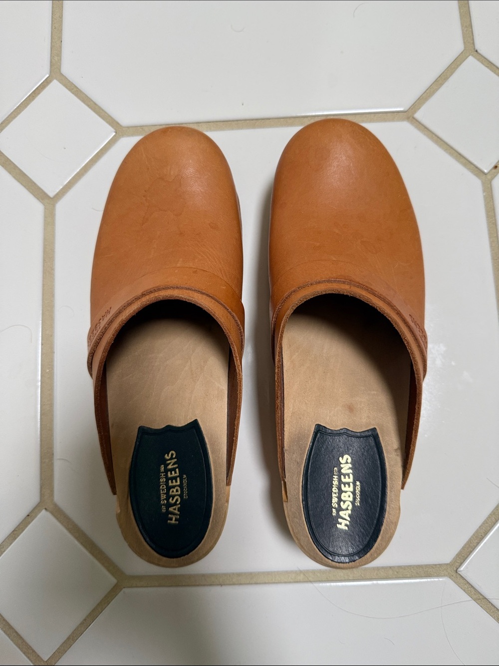 Swedish Hasbeens Tan Leather Slip-On Clogs